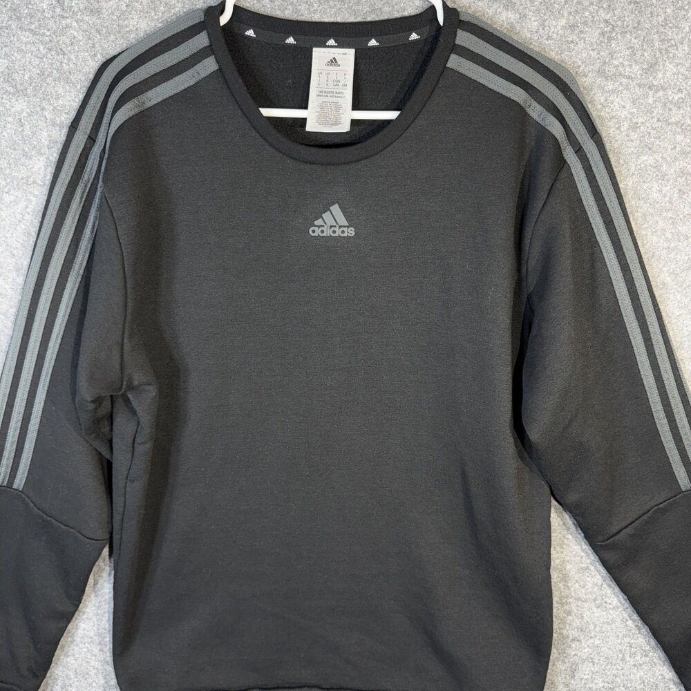 adidas Womens Black Gray Pullover Crewneck Sweater Fleece Size L